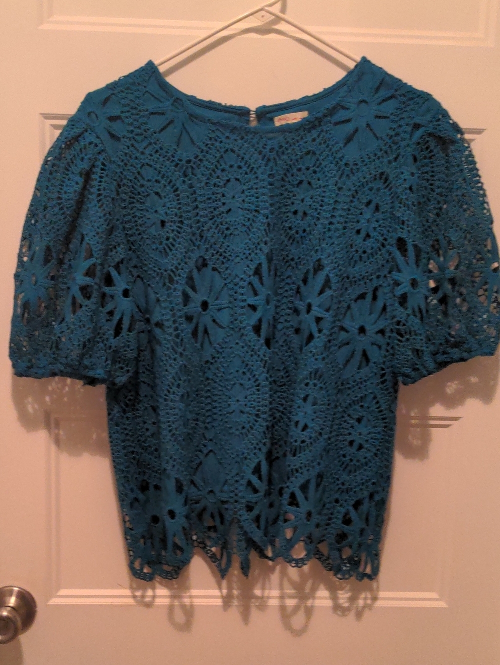 Pinky by Ultra Pink Teal Crochet Lace Short Sleeve Top XL